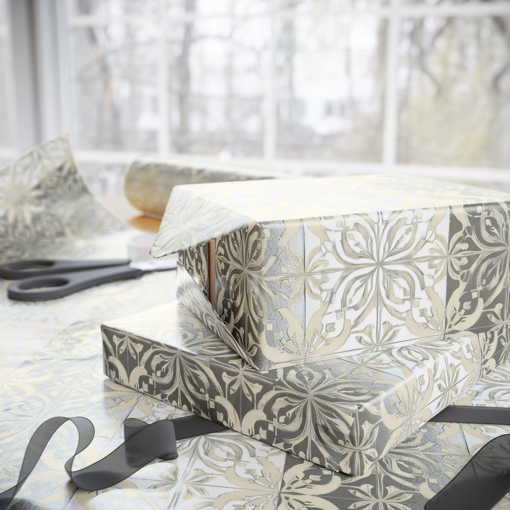 Floral Damask Christmas Wrapping Paper Roll — Neutral Holiday Gift Wrap