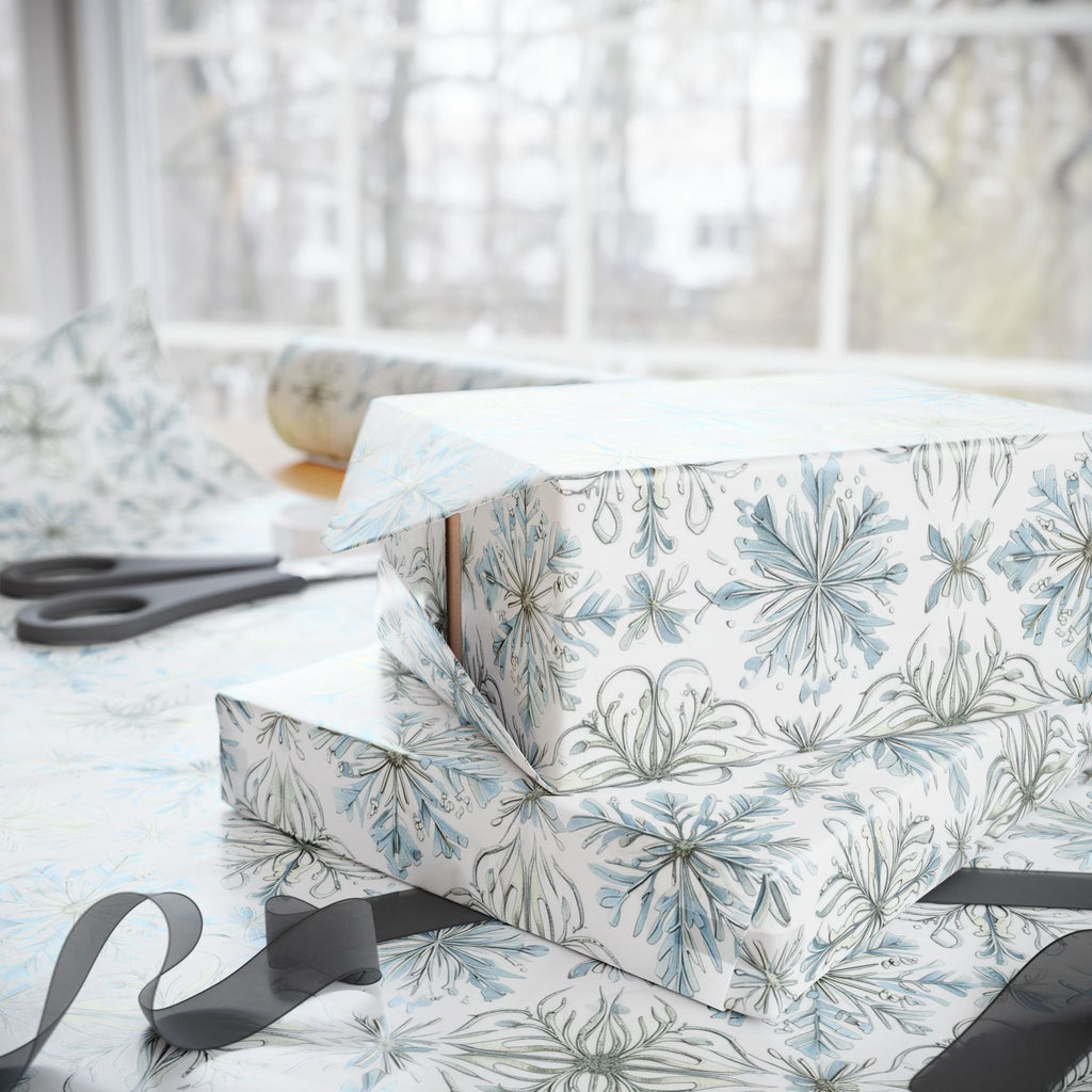 Floral Blue Holiday Wrapping Paper Roll — Elegant Botanical Gift Wrap