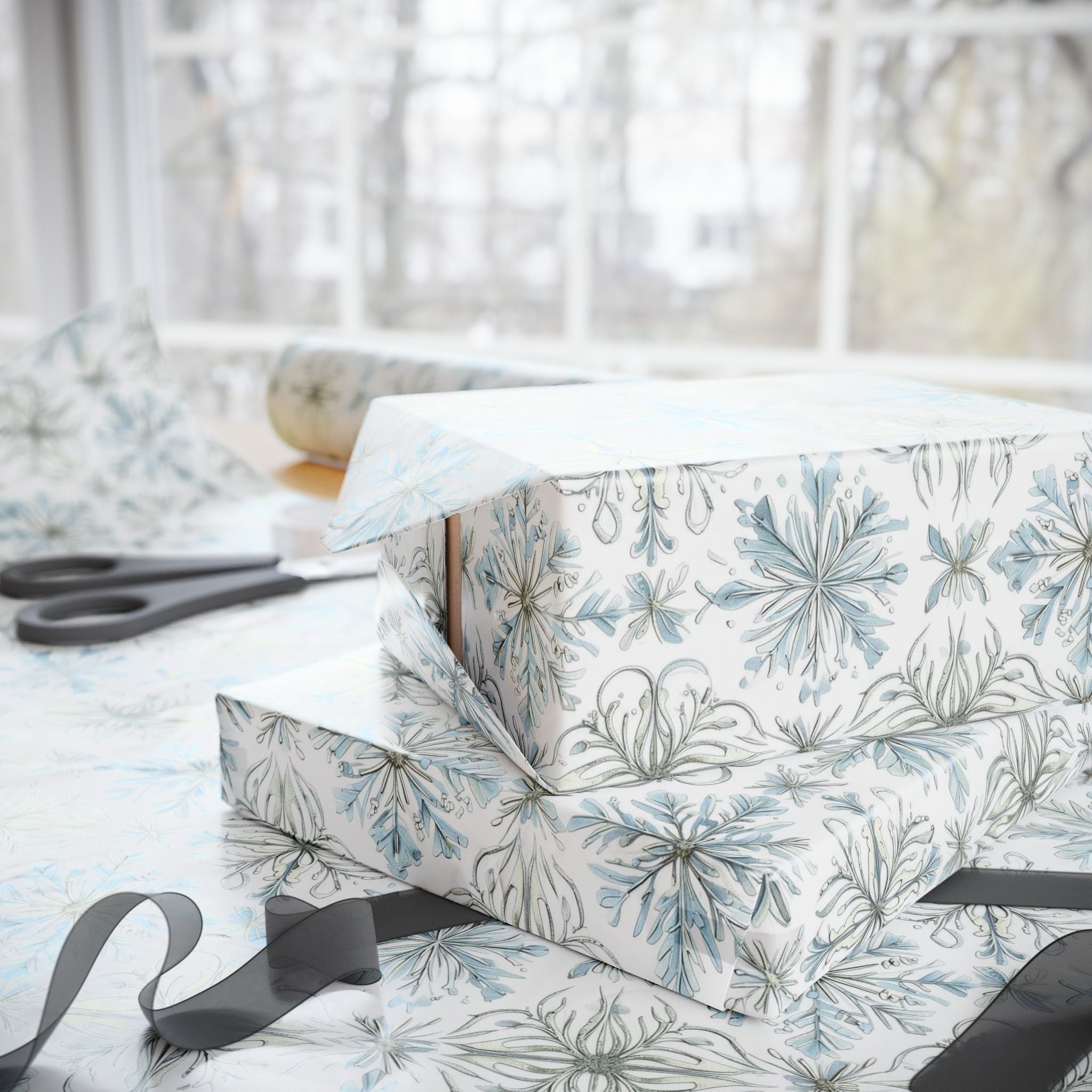 Floral Blue Holiday Wrapping Paper Roll — Elegant Botanical Gift Wrap
