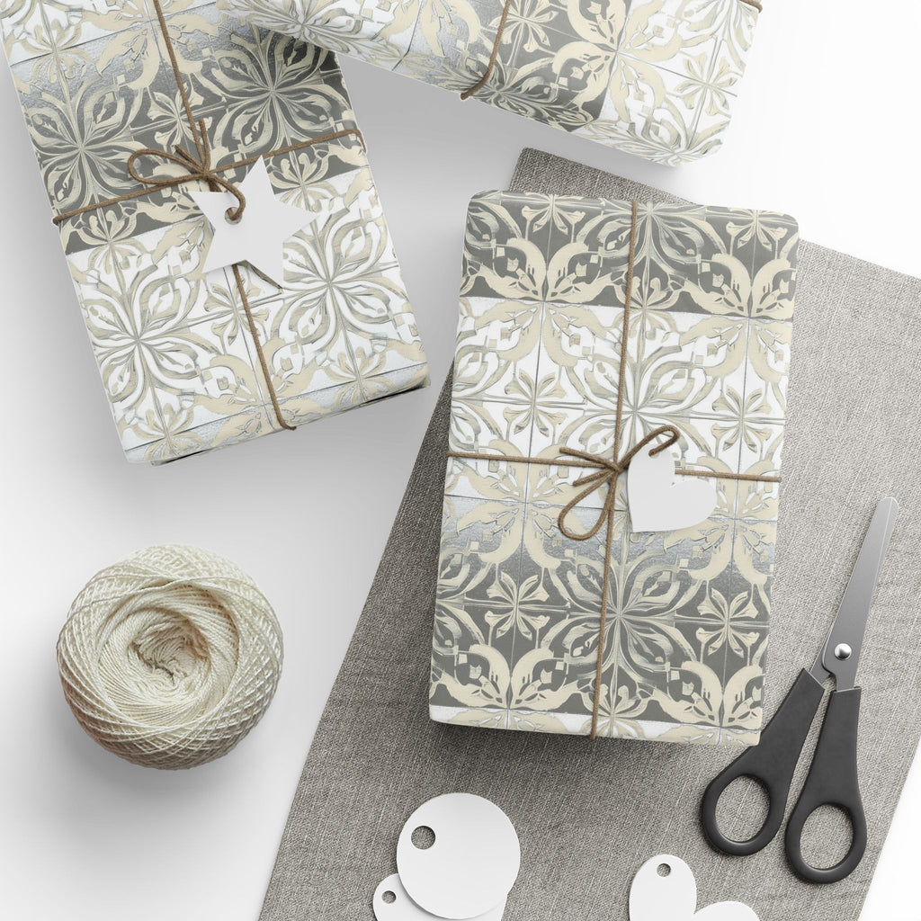 Floral Damask Christmas Wrapping Paper Roll — Neutral Holiday Gift Wrap