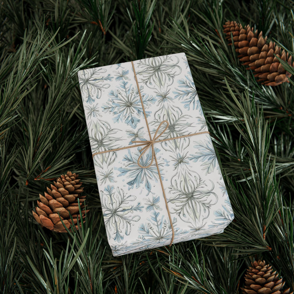 Floral Blue Holiday Wrapping Paper Roll — Elegant Botanical Gift Wrap