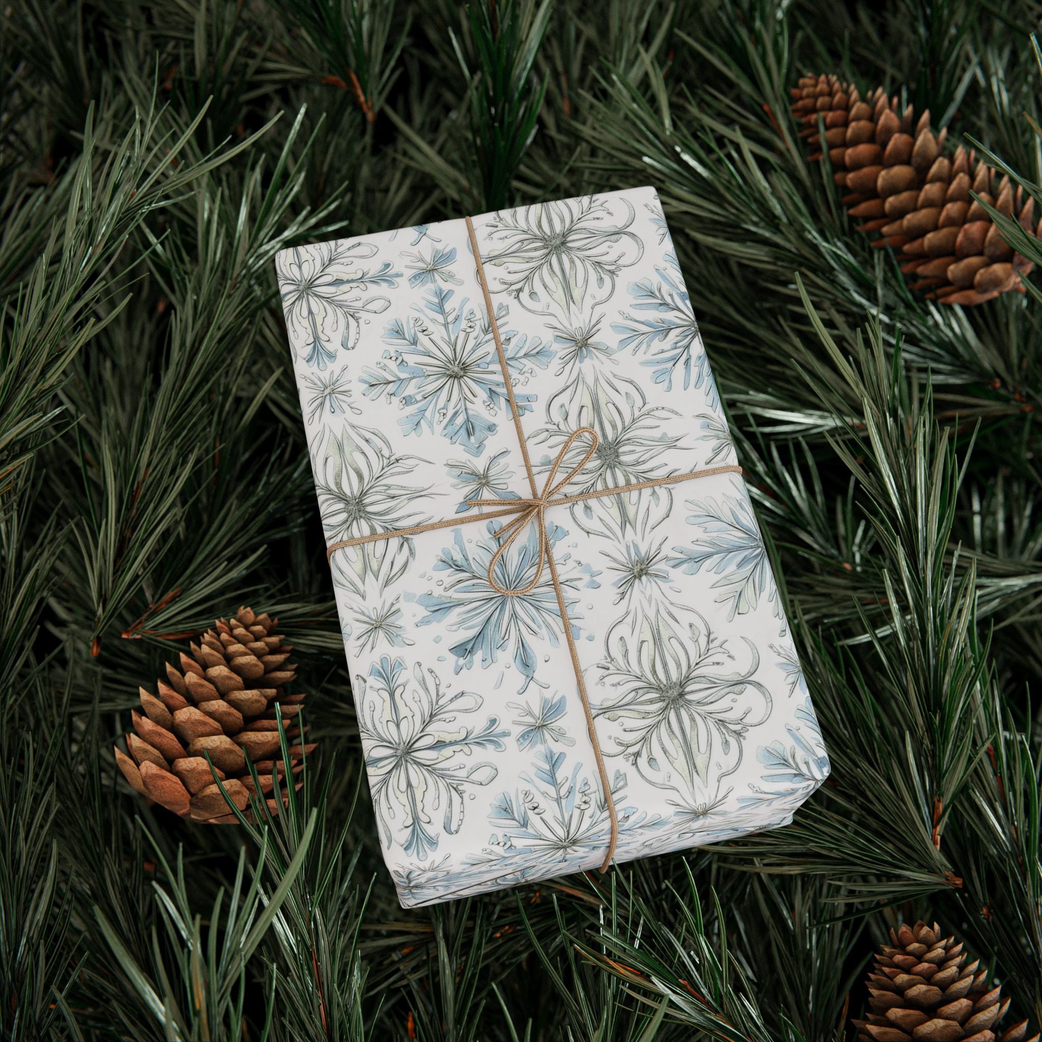 Floral Blue Holiday Wrapping Paper Roll — Elegant Botanical Gift Wrap